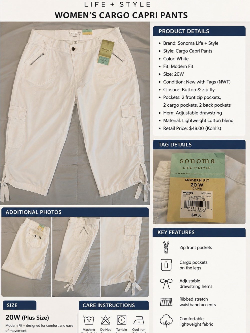 🤍 NWT Sonoma Life + Style White Cargo Capri Pants – Women’s Size 20W